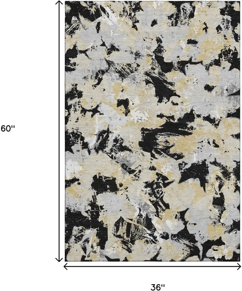Black Gold And Gray Floral Washable Area Rug With UV Protection Photo 3