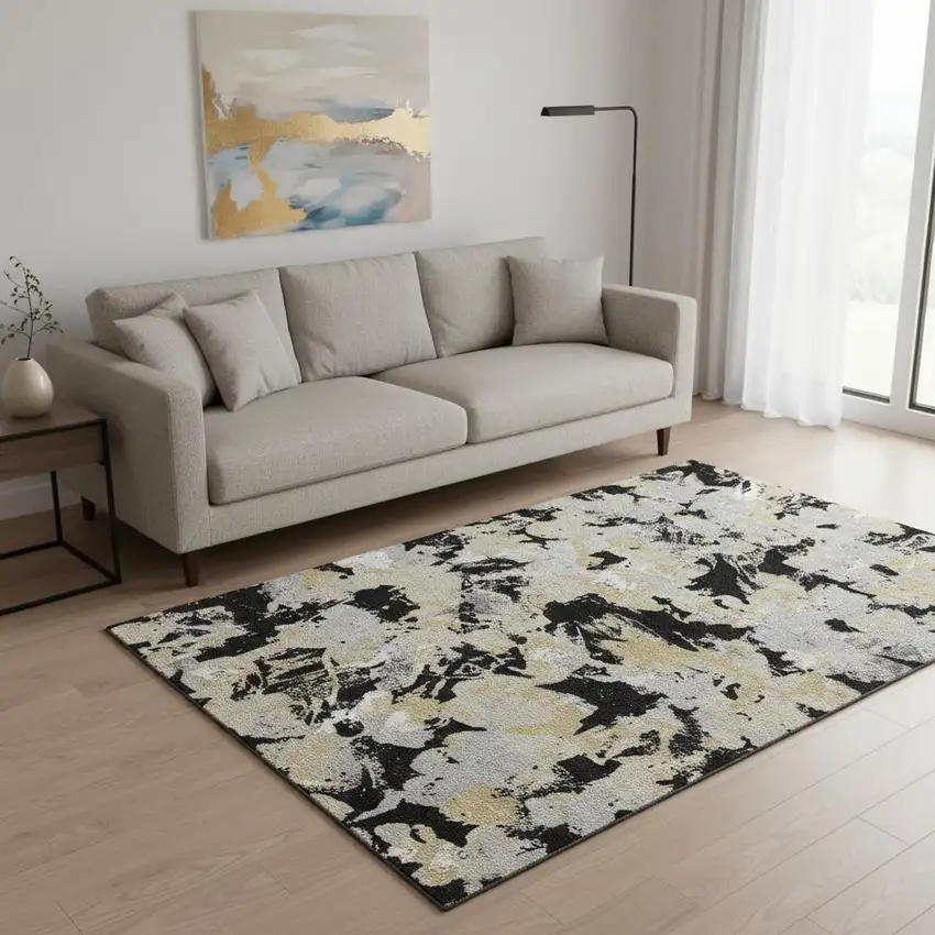 Black Gold And Gray Floral Washable Area Rug With UV Protection Photo 2