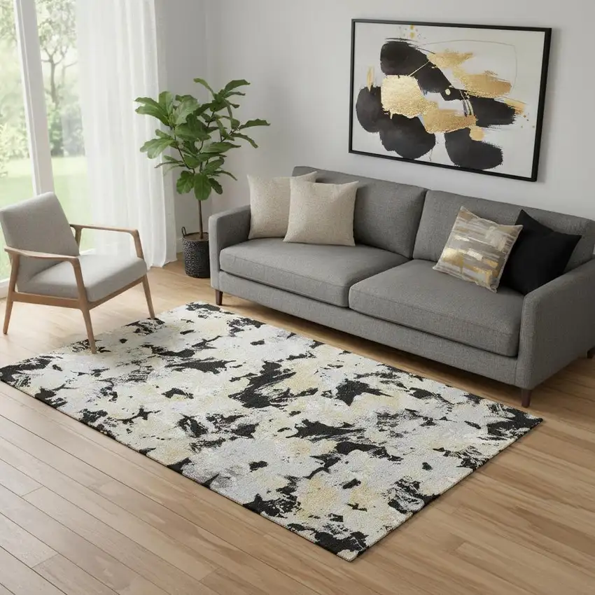 Black Gold And Gray Floral Washable Area Rug With UV Protection Photo 1