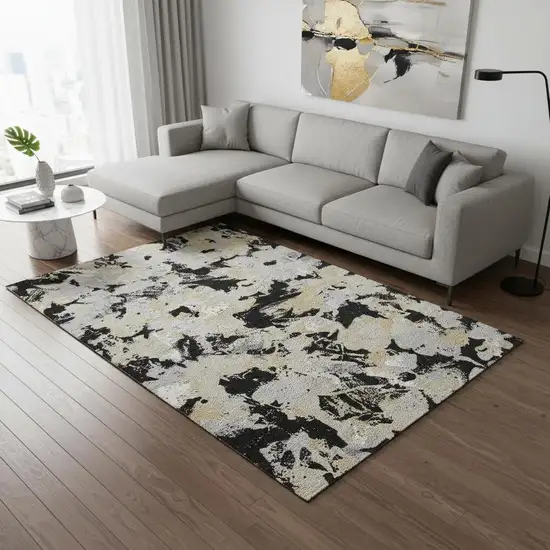 Black Gold And Gray Floral Washable Area Rug With UV Protection Photo 2