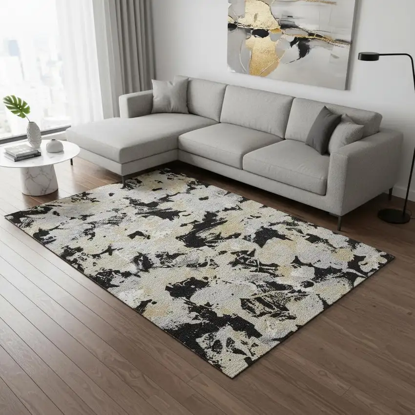 Black Gold And Gray Floral Washable Area Rug With UV Protection Photo 2