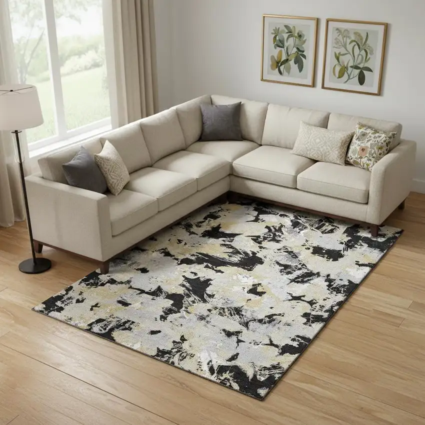 Black Gold And Gray Floral Washable Area Rug With UV Protection Photo 1