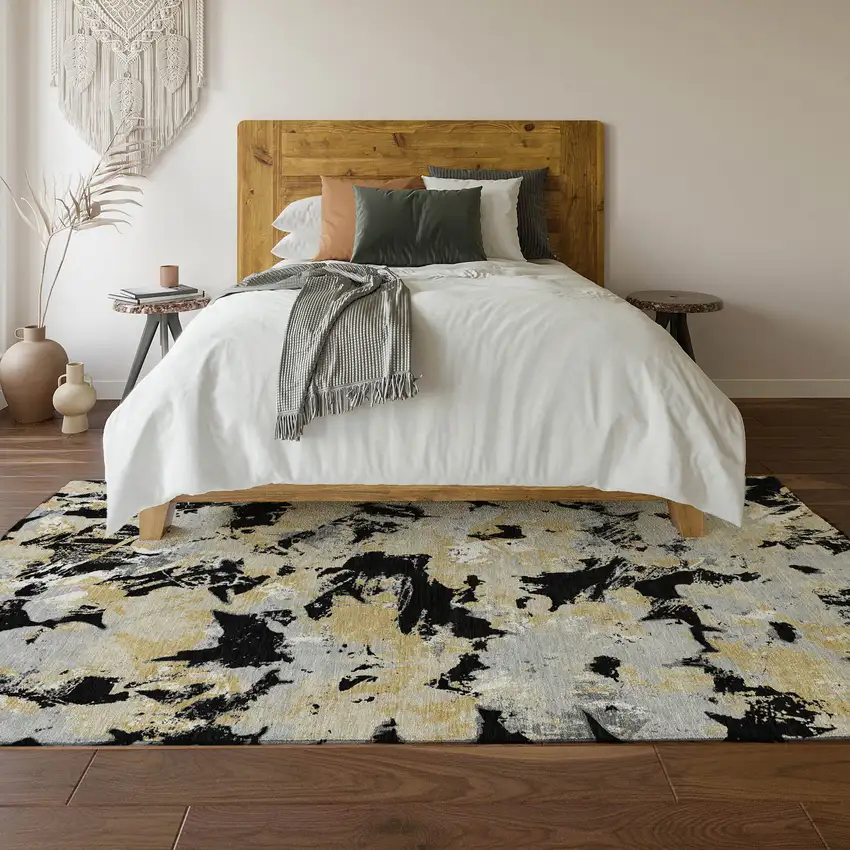 Black Gold And Gray Floral Washable Area Rug With UV Protection Photo 6
