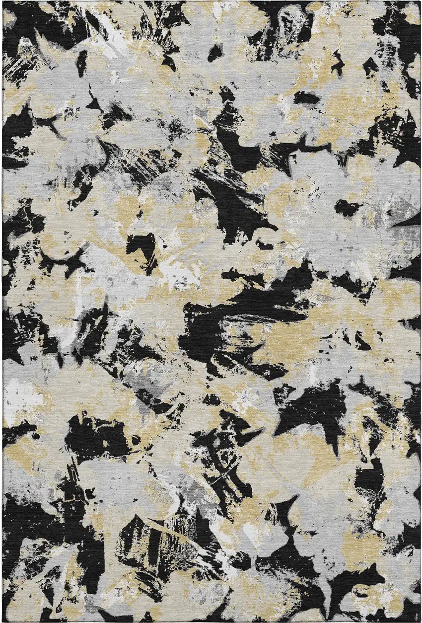 Black Gold And Gray Floral Washable Area Rug With UV Protection Photo 1