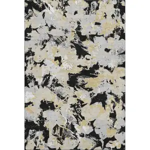 Photo of Black Gold And Gray Floral Washable Area Rug With UV Protection