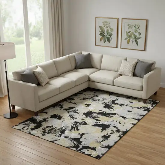 Black Gold And Gray Floral Washable Area Rug With UV Protection Photo 1