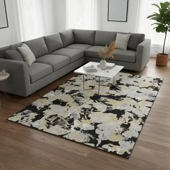 Black Gold And Gray Floral Washable Area Rug With UV Protection Photo 2