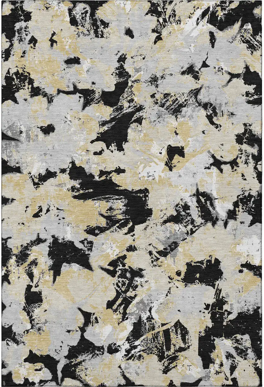 Black Gold And Gray Floral Washable Area Rug With UV Protection Photo 3