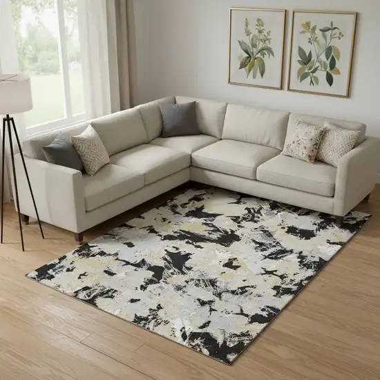Black Gold And Gray Floral Washable Area Rug With UV Protection Photo 1