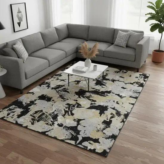 Black Gold And Gray Floral Washable Area Rug With UV Protection Photo 2