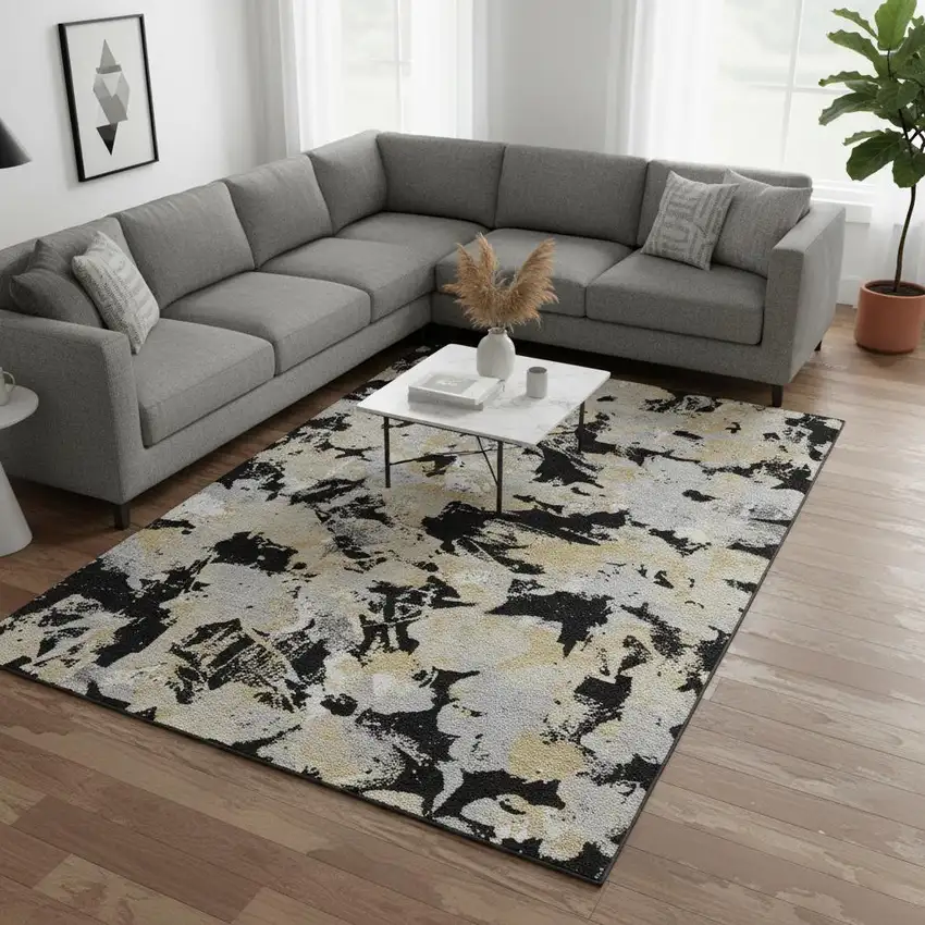 Black Gold And Gray Floral Washable Area Rug With UV Protection Photo 2