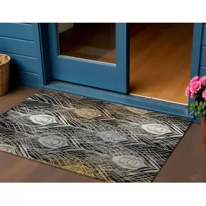 Photo of Black Gold And Gray Floral Washable Indoor Outdoor Area Rug