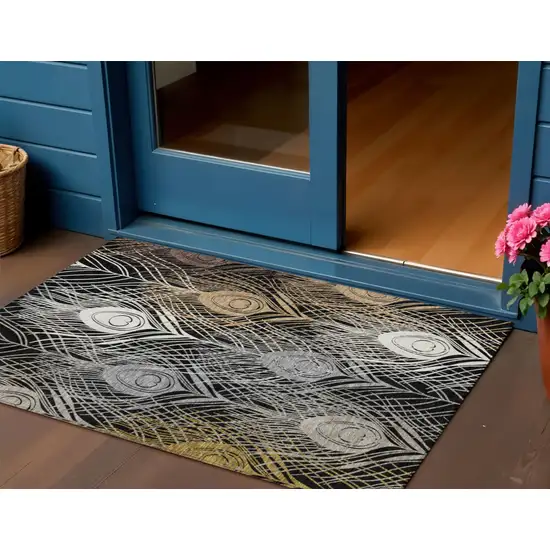 Black Gold And Gray Floral Washable Indoor Outdoor Area Rug Photo 1