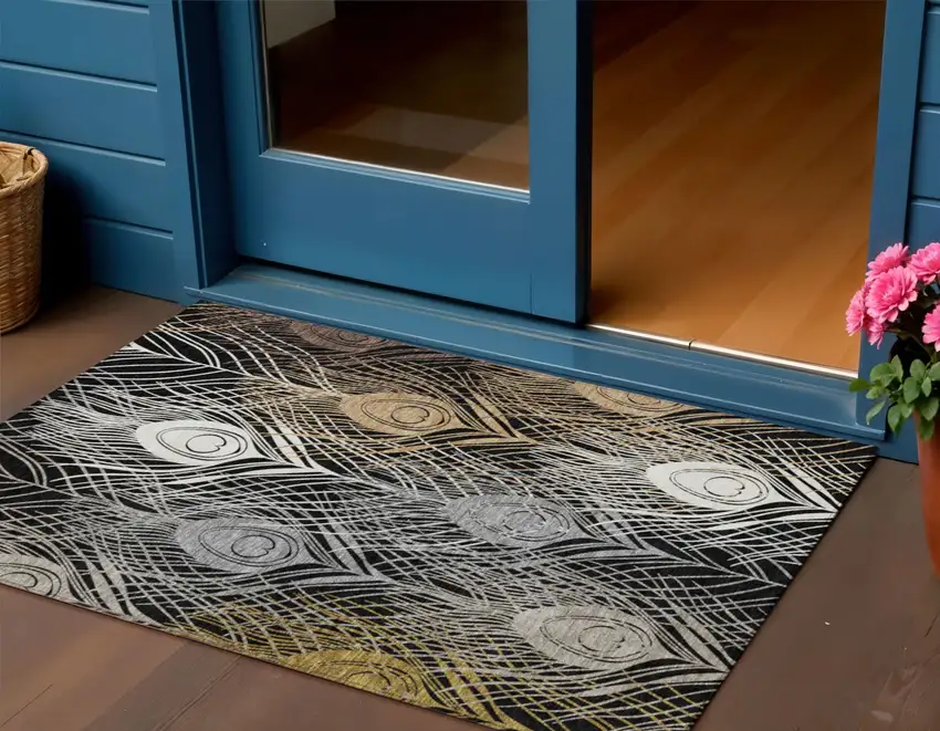 Black Gold And Gray Floral Washable Indoor Outdoor Area Rug Photo 1