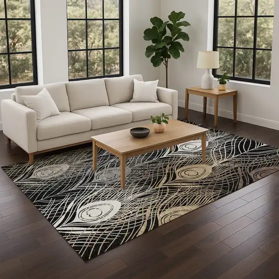 Black Gold And Gray Floral Washable Indoor Outdoor Area Rug Photo 8