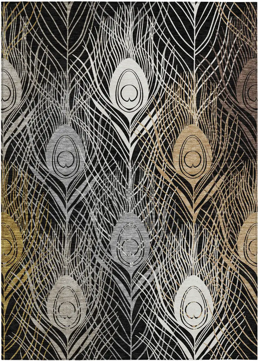 Black Gold And Gray Floral Washable Indoor Outdoor Area Rug Photo 2