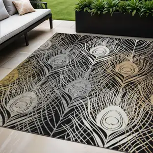 Photo of Black Gold And Gray Floral Washable Indoor Outdoor Area Rug