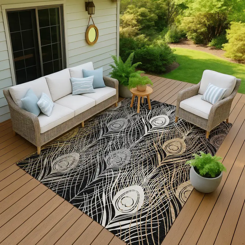 Black Gold And Gray Floral Washable Indoor Outdoor Area Rug Photo 9