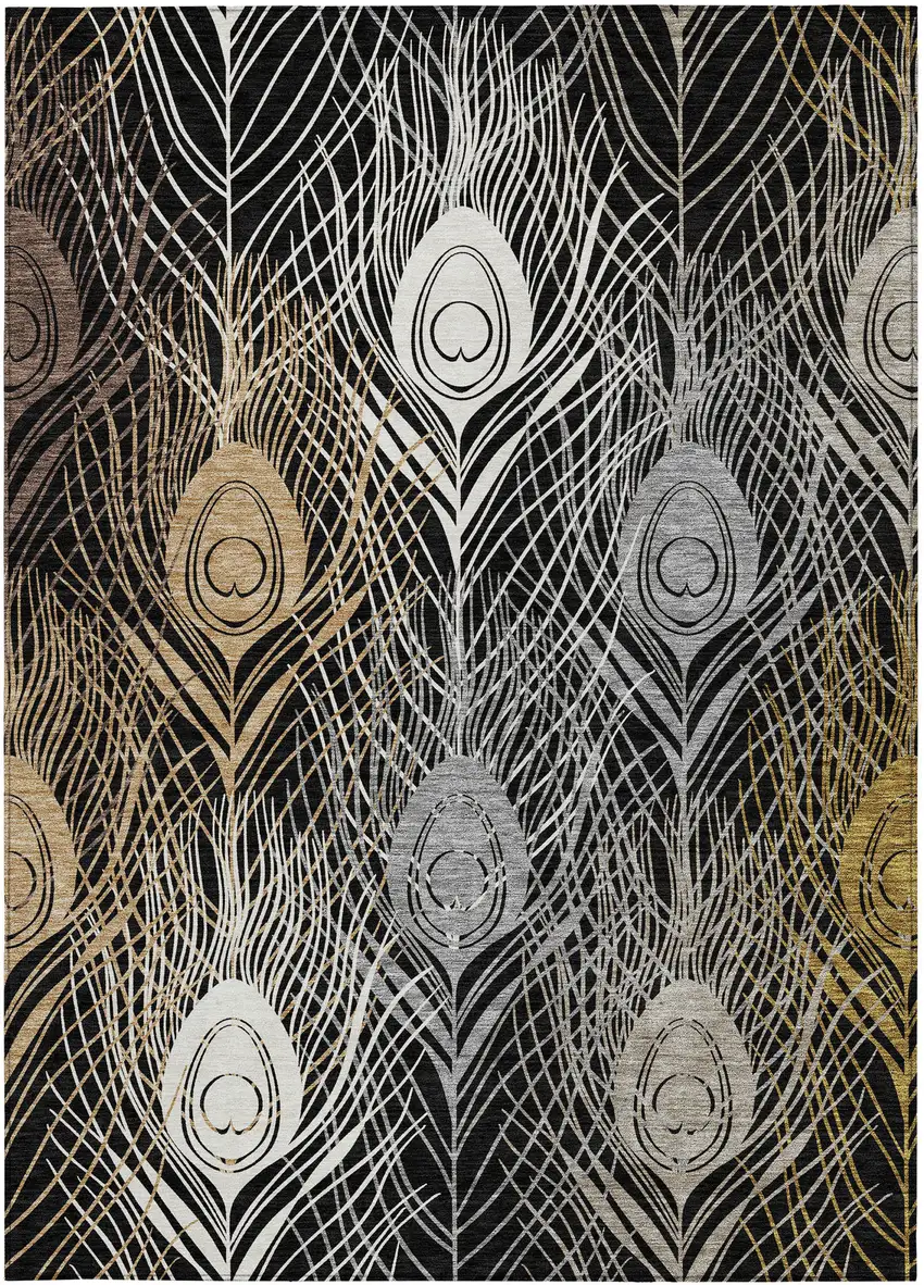 Black Gold And Gray Floral Washable Indoor Outdoor Area Rug Photo 4