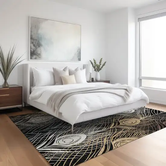 Black Gold And Gray Floral Washable Indoor Outdoor Area Rug Photo 9