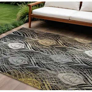 Photo of Black Gold And Gray Floral Washable Indoor Outdoor Area Rug