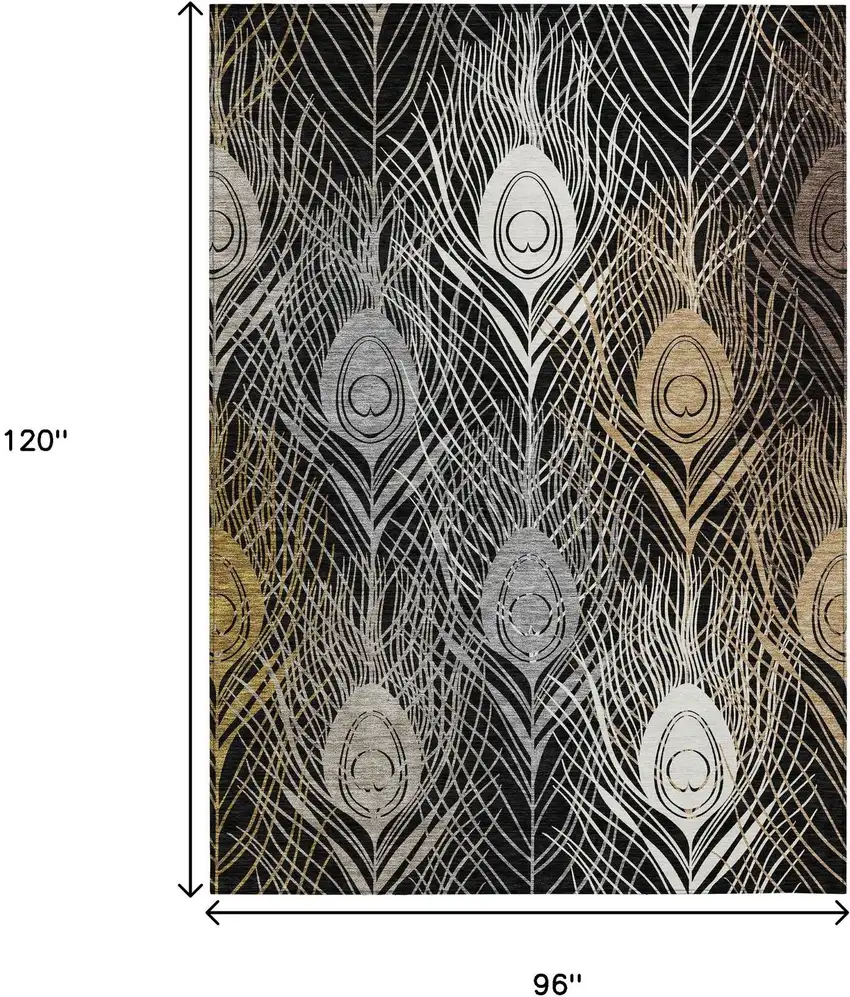 Black Gold And Gray Floral Washable Indoor Outdoor Area Rug Photo 3