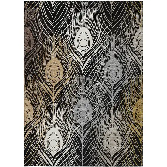 Black Gold And Gray Floral Washable Indoor Outdoor Area Rug Photo 4