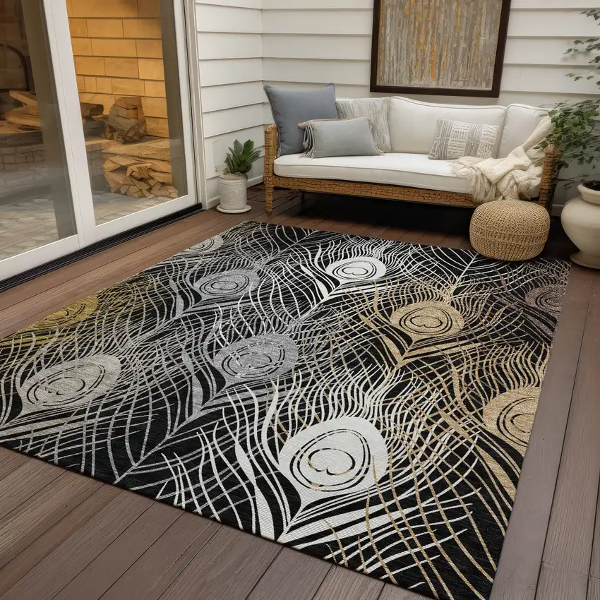 Black Gold And Gray Floral Washable Indoor Outdoor Area Rug Photo 9