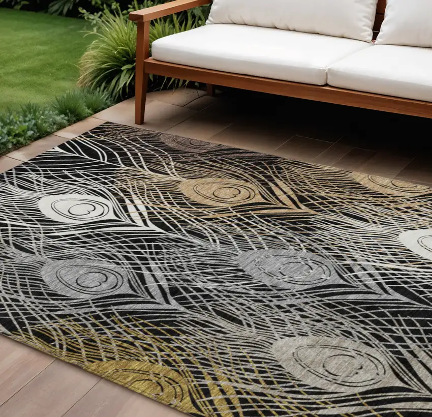 Black Gold And Gray Floral Washable Indoor Outdoor Area Rug Photo 1