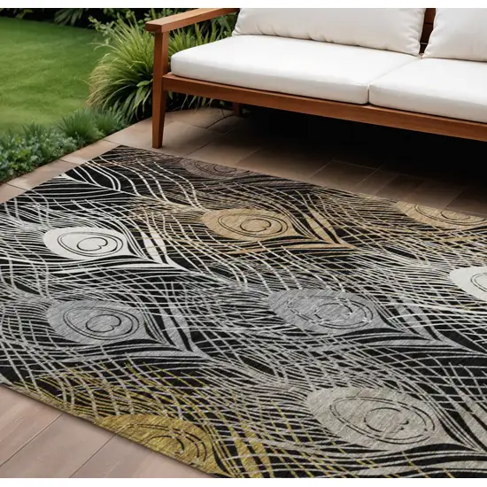 Black Gold And Gray Floral Washable Indoor Outdoor Area Rug Photo 1