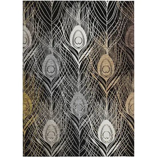 Black Gold And Gray Floral Washable Indoor Outdoor Area Rug Photo 2