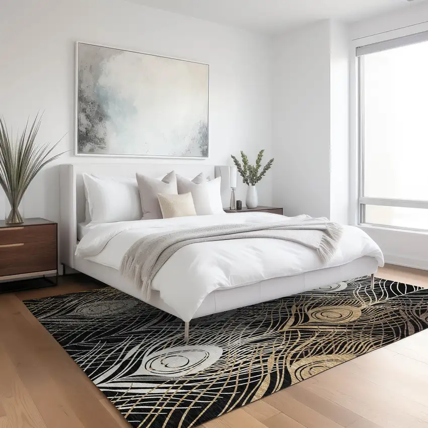 Black Gold And Gray Floral Washable Indoor Outdoor Area Rug Photo 8