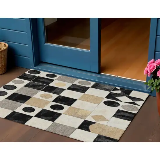 Black Gold And Gray Geometric Washable Indoor Outdoor Area Rug Photo 2