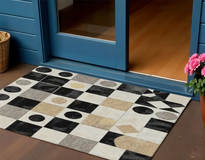 Black Gold And Gray Geometric Washable Indoor Outdoor Area Rug Photo 2