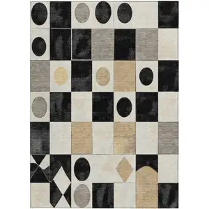Photo of Black Gold And Gray Geometric Washable Indoor Outdoor Area Rug