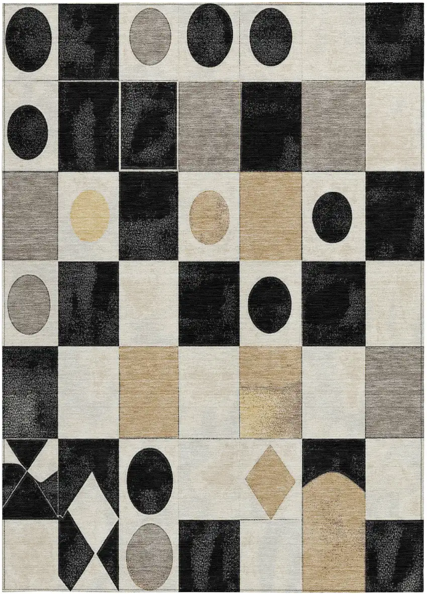 Black Gold And Gray Geometric Washable Indoor Outdoor Area Rug Photo 1