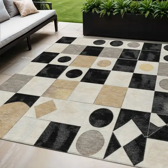 Black Gold And Gray Geometric Washable Indoor Outdoor Area Rug Photo 2