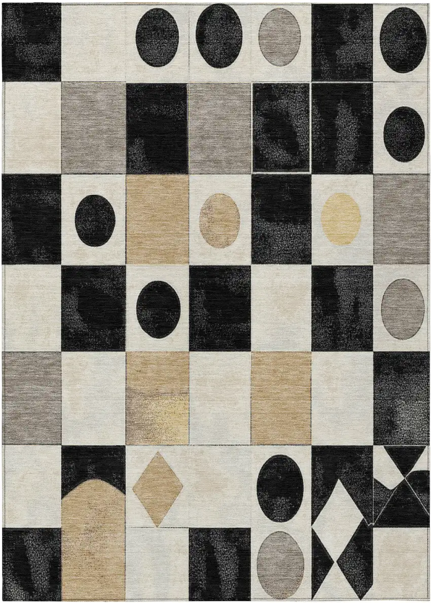 Black Gold And Gray Geometric Washable Indoor Outdoor Area Rug Photo 1