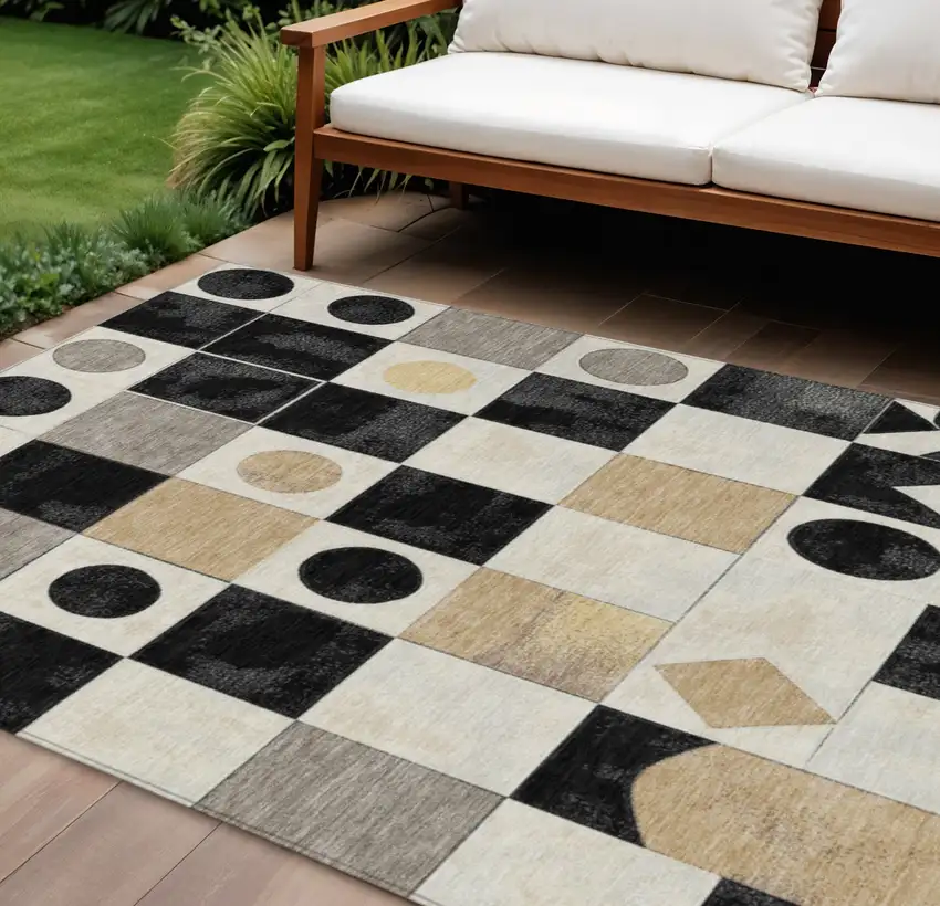 Black Gold And Gray Geometric Washable Indoor Outdoor Area Rug Photo 2