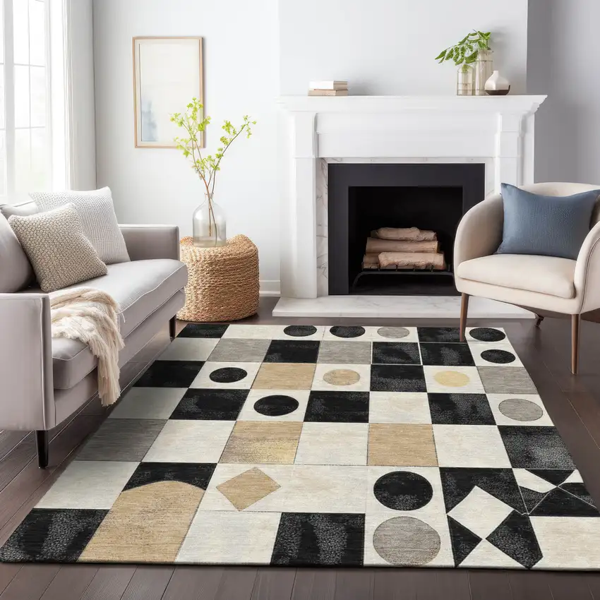 Black Gold And Gray Geometric Washable Indoor Outdoor Area Rug Photo 9