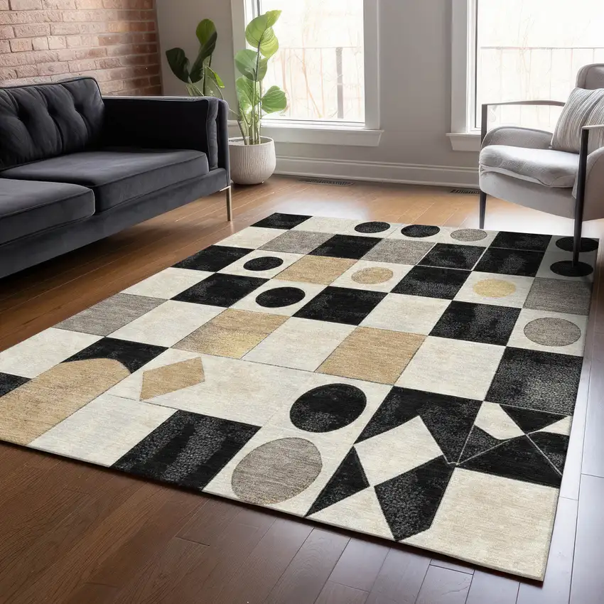 Black Gold And Gray Geometric Washable Indoor Outdoor Area Rug Photo 8