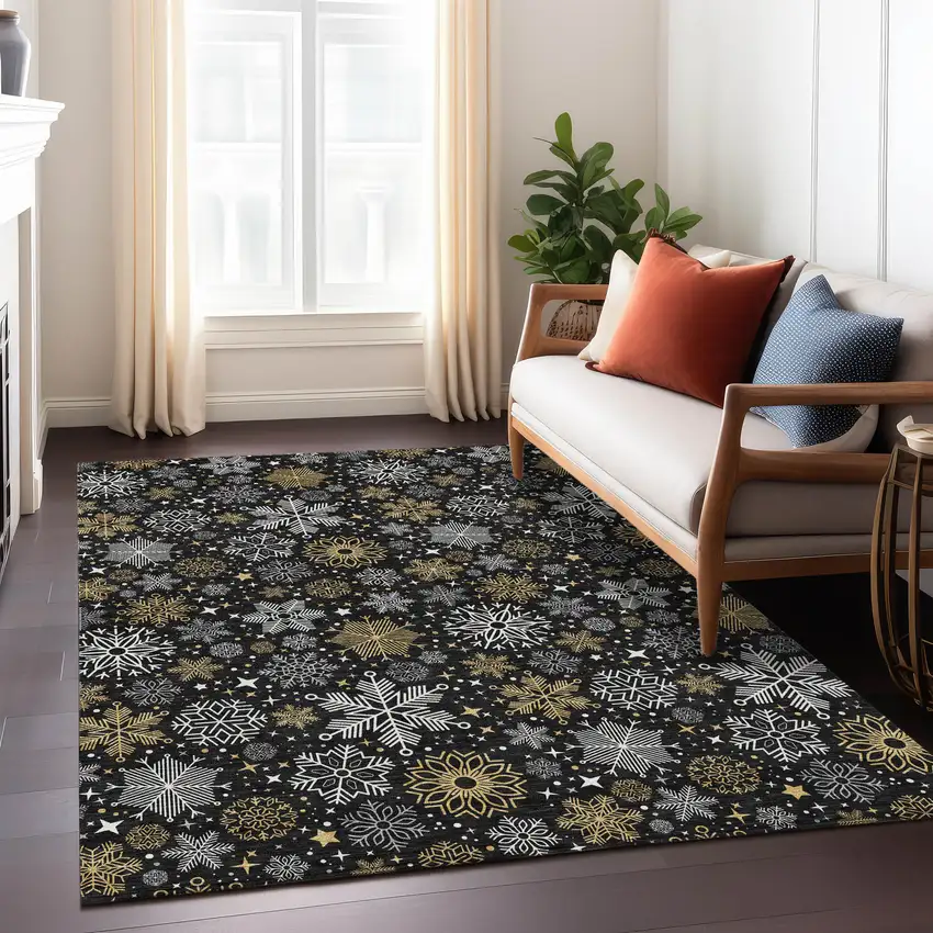 Black Gold And Gray Medallion Washable Indoor Outdoor Area Rug Photo 8
