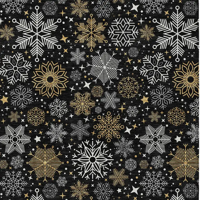 Black Gold And Gray Snowflake Washable Indoor Outdoor Area Rug Photo 9