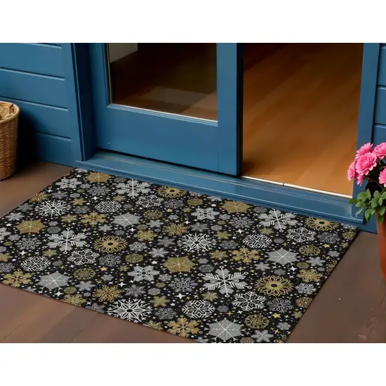 Black Gold And Gray Medallion Washable Indoor Outdoor Area Rug Photo 1