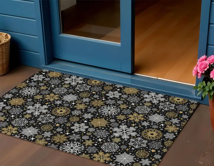 Black Gold And Gray Medallion Washable Indoor Outdoor Area Rug Photo 1