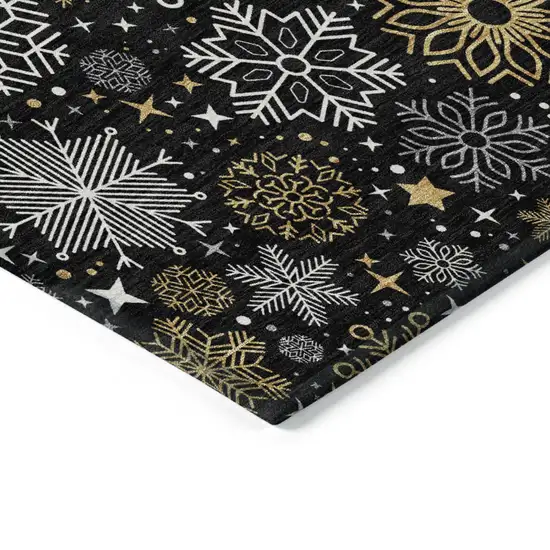 Black Gold And Gray Snowflake Washable Indoor Outdoor Area Rug Photo 9