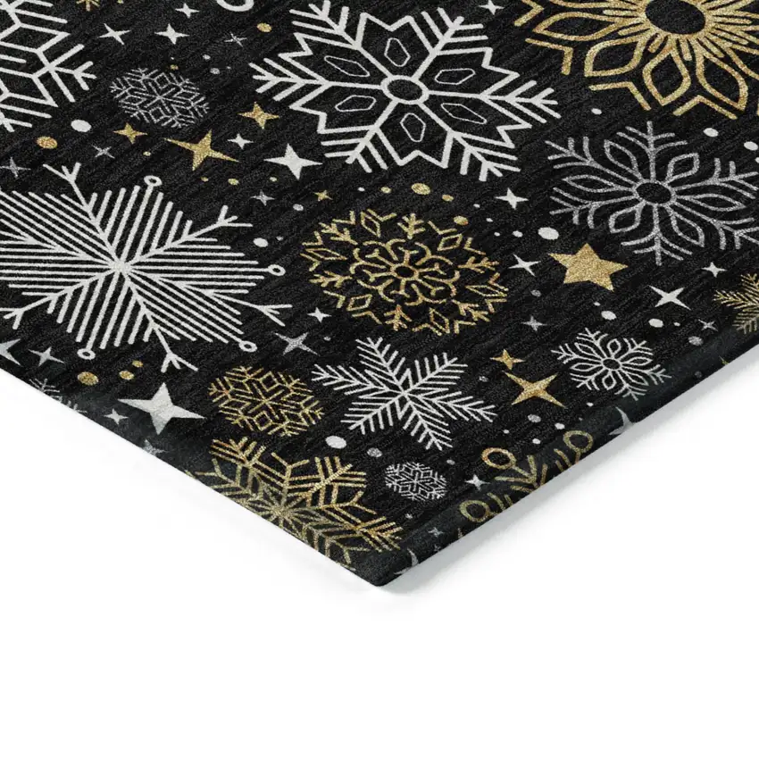 Black Gold And Gray Snowflake Washable Indoor Outdoor Area Rug Photo 9