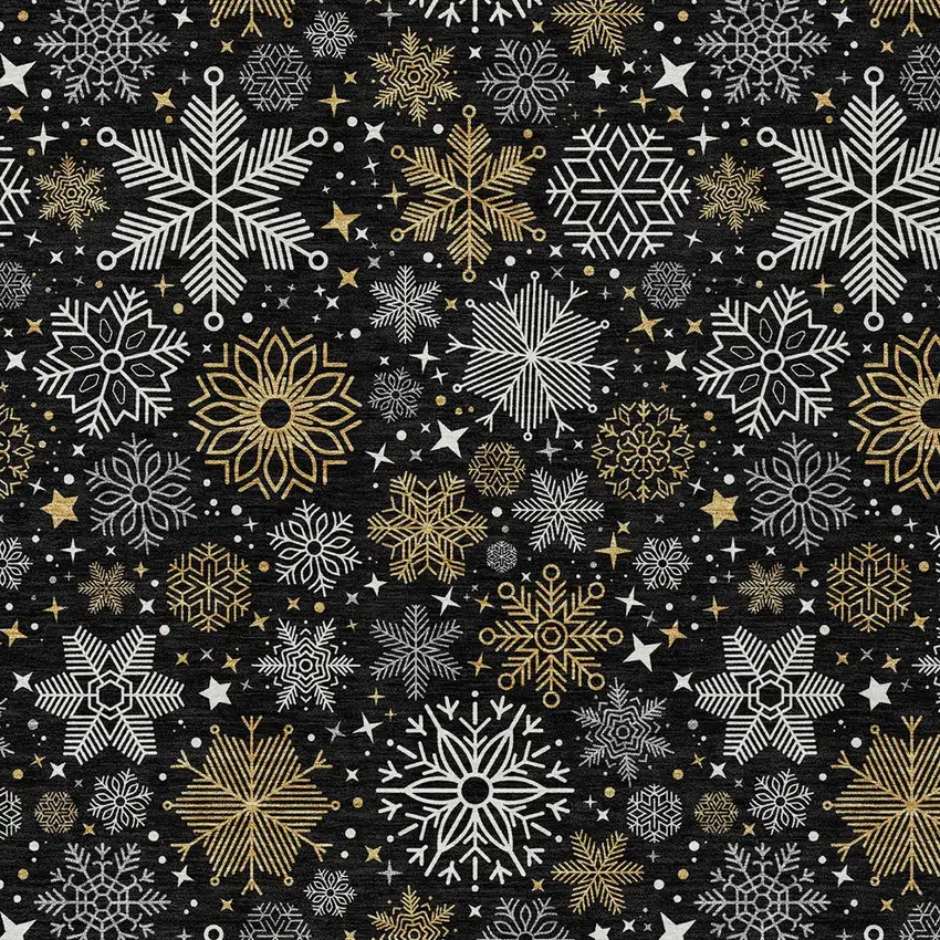 Black Gold And Gray Snowflake Washable Indoor Outdoor Area Rug Photo 6