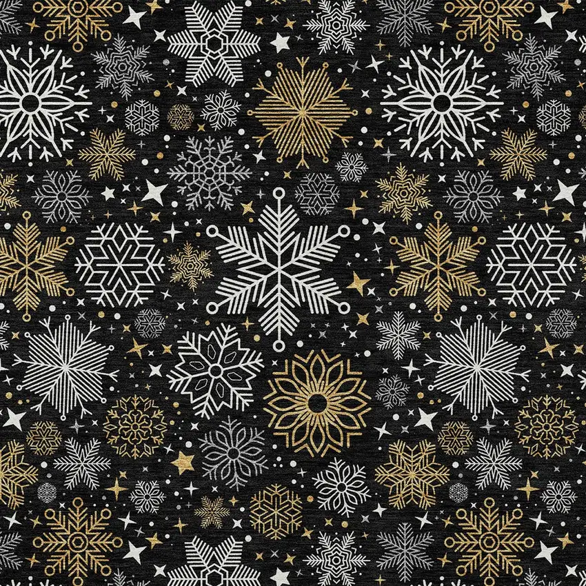 Black Gold And Gray Snowflake Washable Indoor Outdoor Area Rug Photo 7
