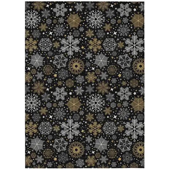 Black Gold And Gray Snowflake Washable Indoor Outdoor Area Rug Photo 5